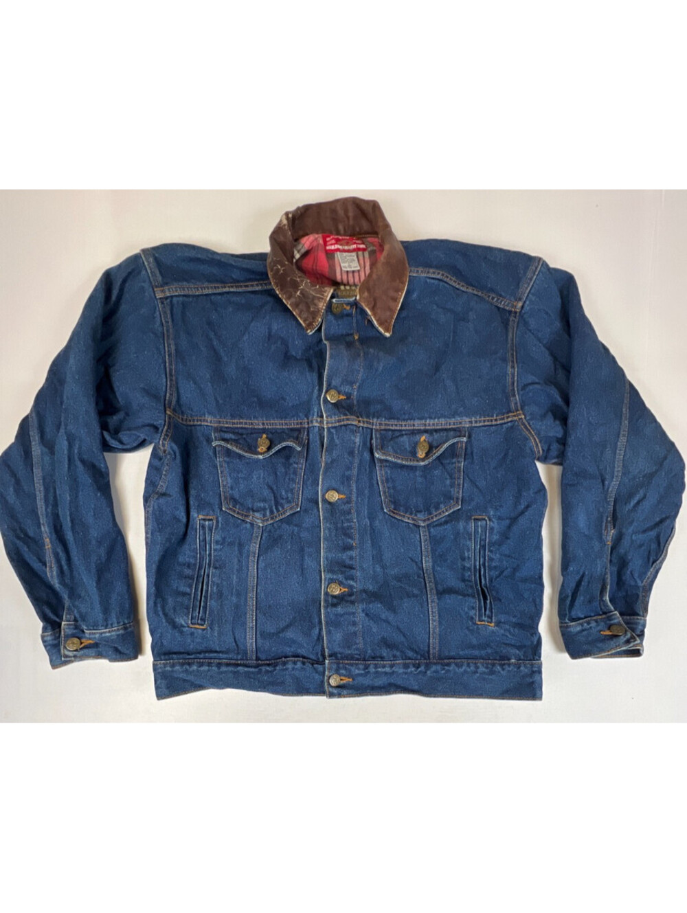 Vintage Marlboro Country Store Denim Jacket L Leather Collar Plaid Flannel